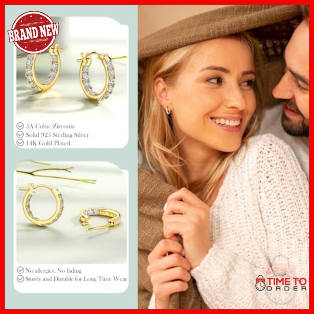 Sterling Silver Gold Plated Cubic Zirconia Hoop Earrings 14mm/20mm/26mm - Picture 3 of 7